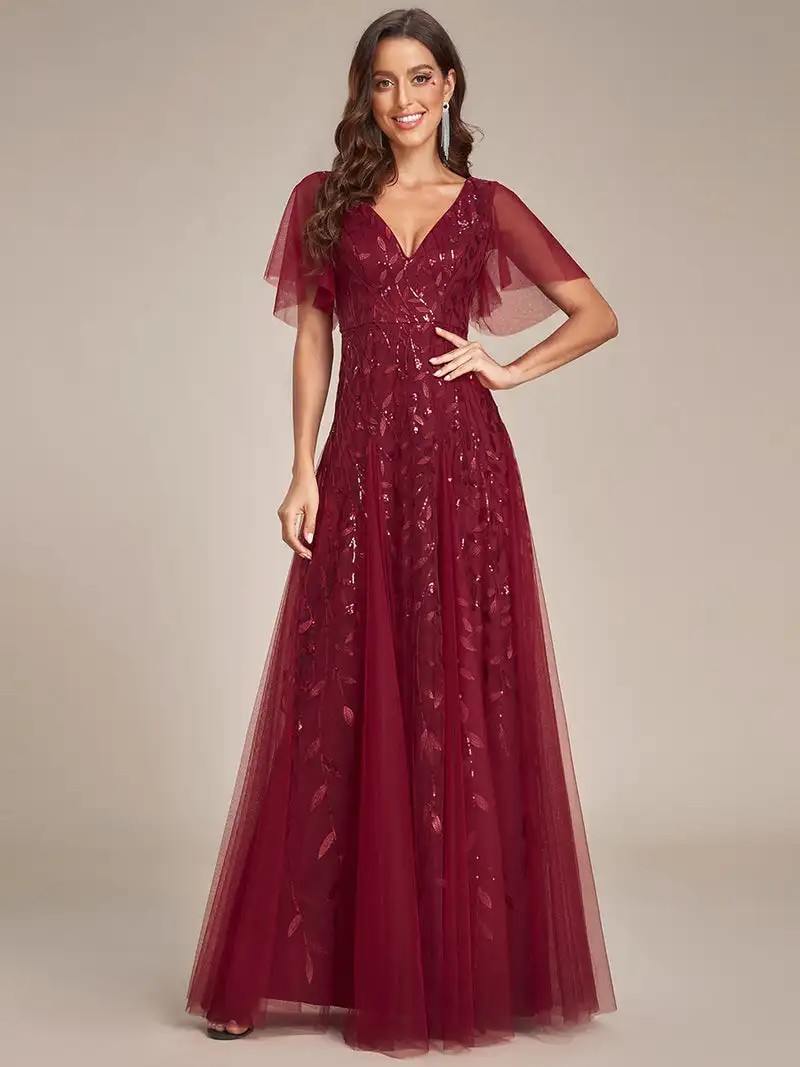 Elegant Evening Dress Romantic Shimmery Deep V-Neck Ruffle Sleeves Ever Pretty of 2024 Burgundy Gauze Sequin Maxi Long Gowns