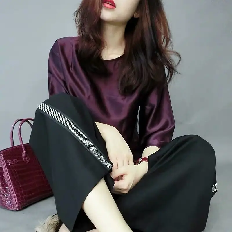 우아한 오 넥 솔리드 컬러 3/4 슬리브 오버 사이즈 새틴 블라우스 2022 봄, 여름 새 캐주얼 탑 루즈 오피스 레이디 셔츠
