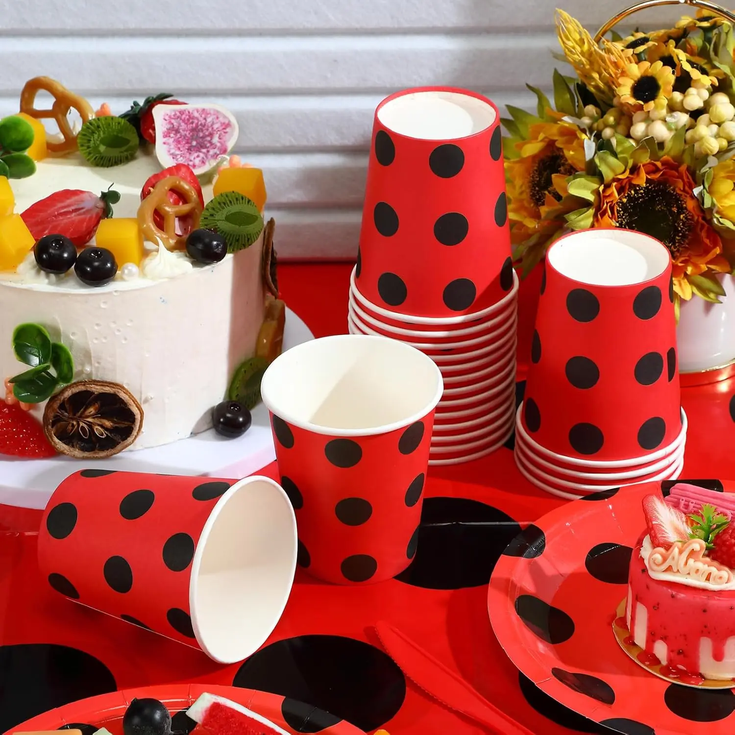 Rot-Schwarze Polka-Dot Partyartikel Marienkäfer-Thema Tischgeschirr Teller Becher Servietten Ballon Kinder Mädchen Geburtstagsdekoration Babyparty – Detail 7