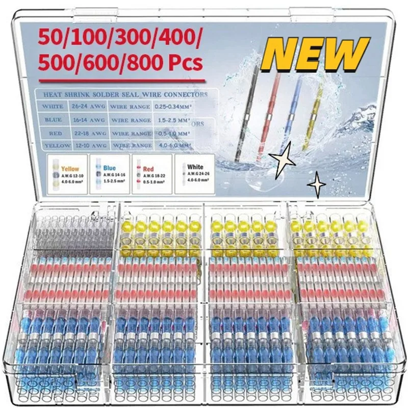 Heat Shrink Butt Crimp Terminals Waterdicht Solder Seal Elektrische Butt Connectoren Wire Kabel Splice Terminal Kit 50/300/800Pcs