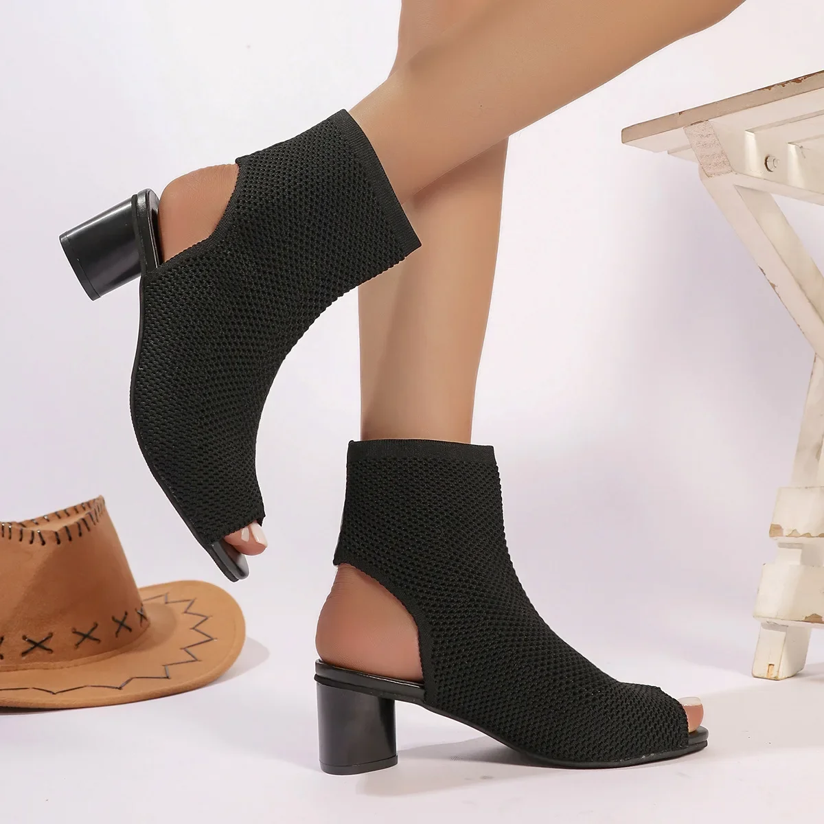 Botas elegantes de Boca de pescado, botas de punto de tacón alto