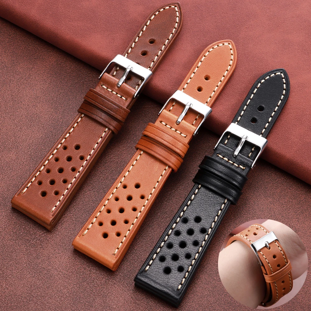 Premium Handcrafted Vintage Brown & Black Leather Watch Strap – Breathable Cowhide Wristband