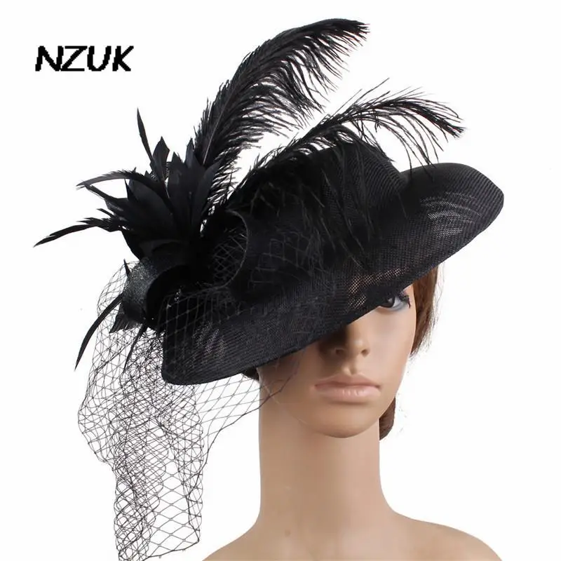 

NZUK Bridal Wedding Hats Facinators for Women Ivory Linen Mesh Headpiece Hat Feathers Fancy Veils accesorios para el pelo mujer