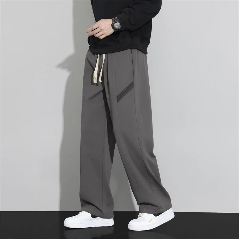 Spring Black Men's Drawstring Trousers, Fashion Casual Pants, Dark Gray, Apricot Color Splicing Pant, Asian Size M-5XL 6