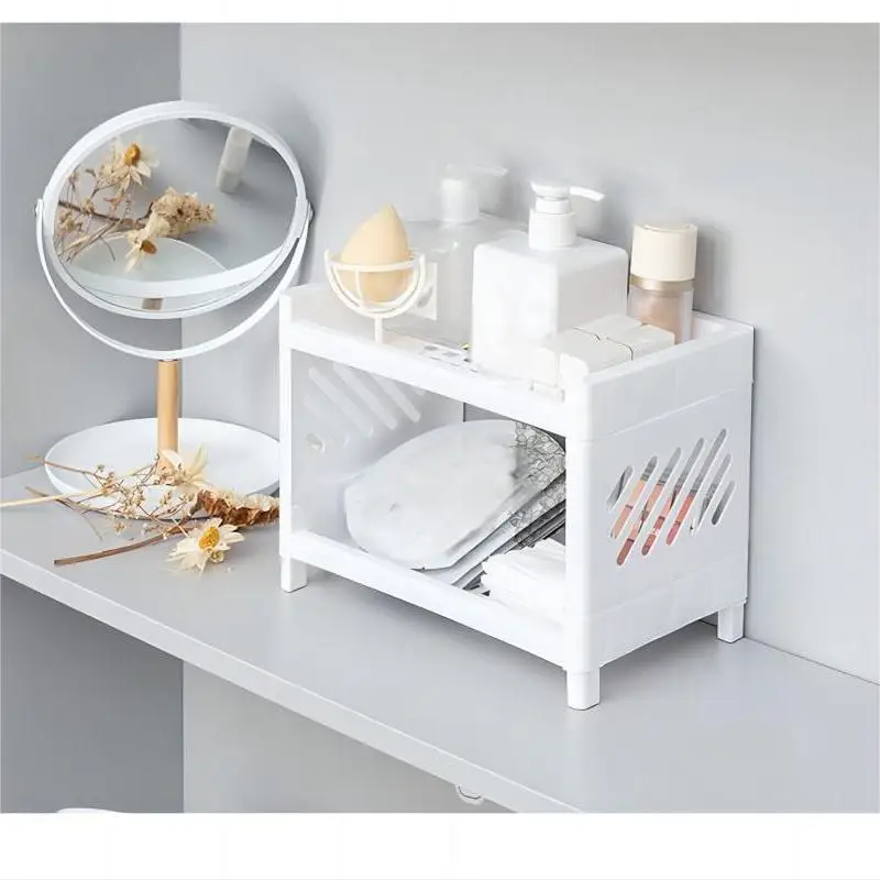 PP Double Layer Desktop Storage Rack - White Rectangular Organizer
