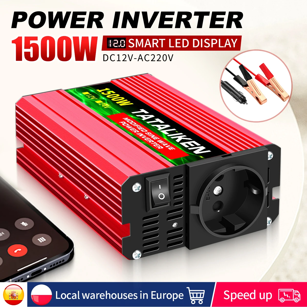 Onduleur Voiture 12V 500W (1000W Pic) – Écran LCD, 2 USB 3.1A, Prise 220V – Idéal Camping & Urgences