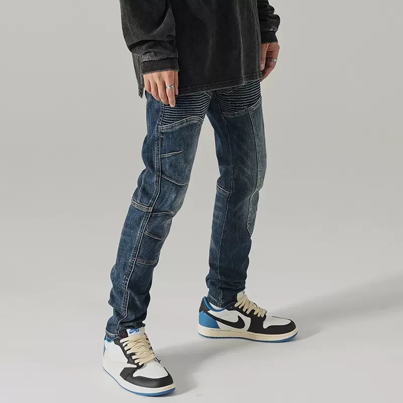 Streetwear Fashion Men Jeans Retro Blue Stretch Elastic Slim Fit Spliced Biker Jeans Men Patched Designer Hip Hop Pants Hombre