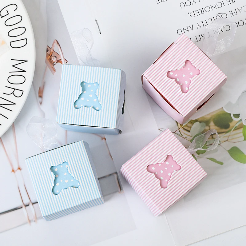 10 stücke Cartoon Aushöhlen Bär Candy Box Mit Bändern Blau Rosa Geschlecht Offenbaren Süßigkeiten Geschenk Verpackung Box Baby Dusche party Dekoration – Detail 4