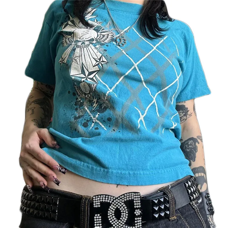 Camiseta Cyber Y2K de los años 2000 para mujer, con estampado de calavera, cuello redondo, manga corta, ropa estética para chicas E, ropa gótica para centro comercial, ropa urbana