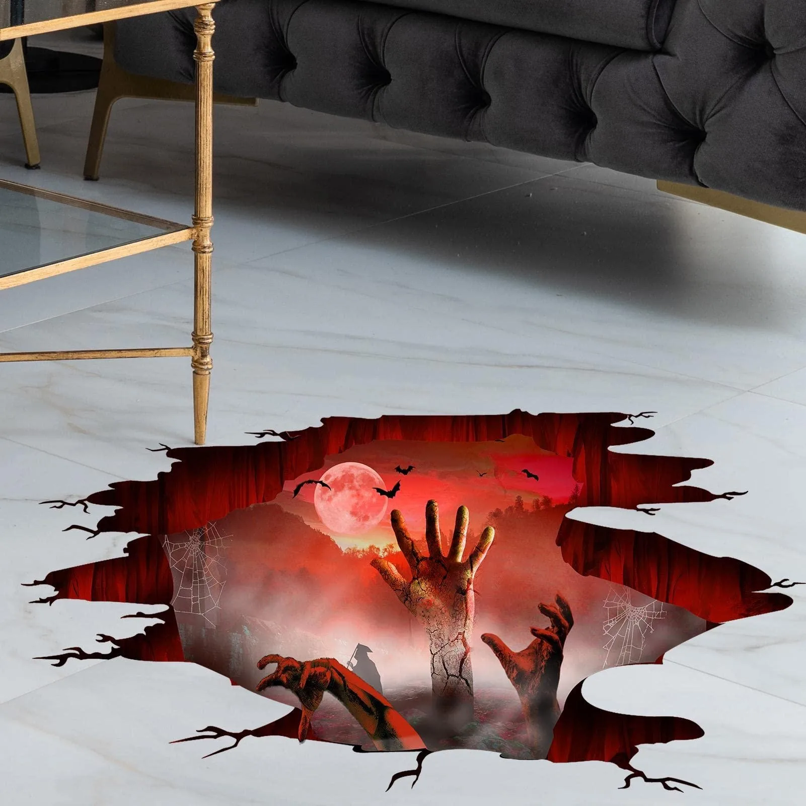 Spooky 3D Halloween Floor Decals Scary Moon Witch Cobweb Ghost Hand Wall Stickers Decor for Living Room Bedroom Bar Pub