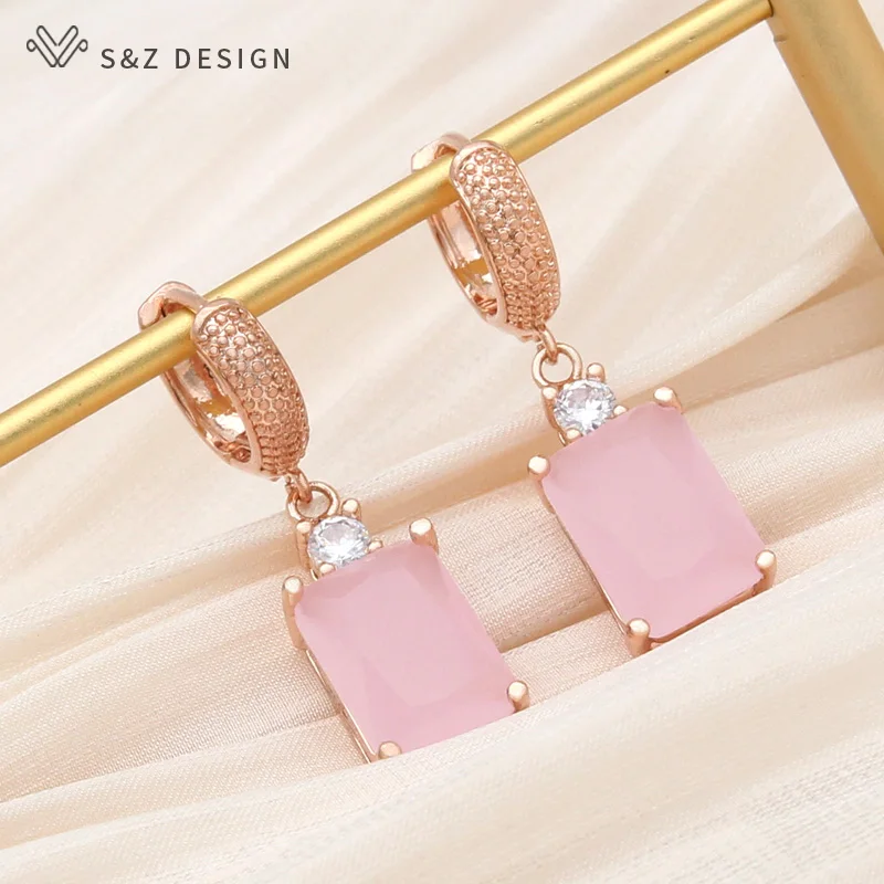 S&Z DESIGN New Fashion Pink Rectangle Crystal Dangle Earrings For Women Wedding Party Jewelry Classic Cubic Zirconia Eardrop