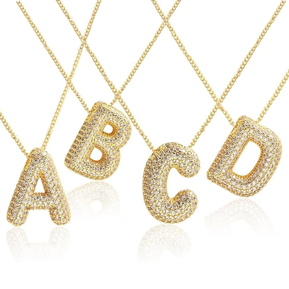 2024 New Stainless Steel Bubble Letter Necklace for Women Girls Shiny Zircon Rhinestone Alphabet 26 A-Z Dainty Balloon Choker