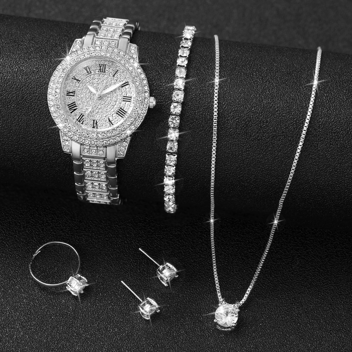 6pcs/set Women Stainless Steel Band Diamond Quartz Watch and Crystal Bracelet Set 2