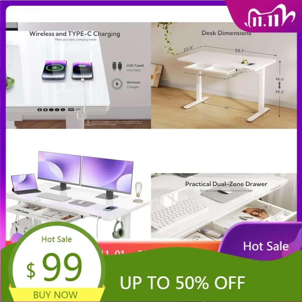 "ergonomic adjustable height desk with wireless charging and storage, 55" glass top standing desk"