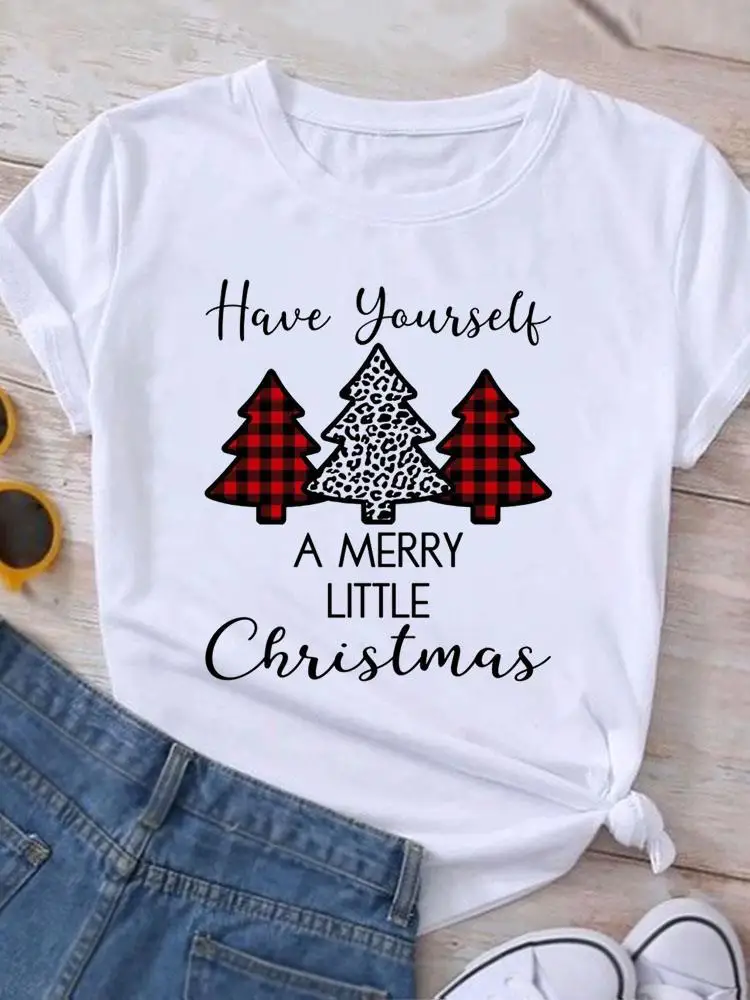 

Plaid Tree Leopard Print T-shirt Top Fashion Clothing New Year Christmas Graphic T Shirt Women Holiday Female Short Sleeve Tee