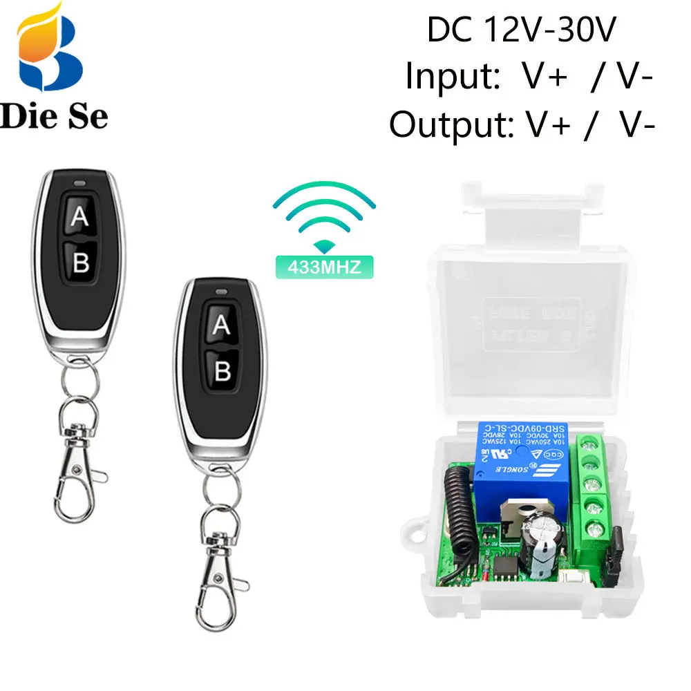 DieseRC Draadloze Afstandsbediening Schakelaar 433Mhz 5V 12V 24V 1 Kanaals Radio Control Relais Ontvanger met 5 Zenders keyfobs Potentiaalvrije Contacten Relais Controller