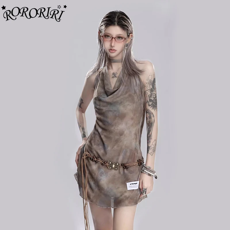 

RORORIRI Tie Dye Aesthetic Mesh Mini Dress Women Cowl Neck Bandage Halter Backless Summer Desire One-piece Vintage Y2k Clothes