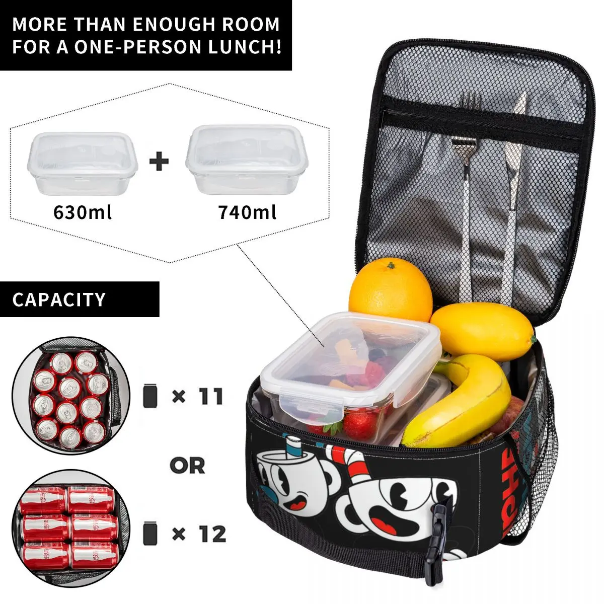 Insulated Lunch Bags Cuphead & Mugman Retro Games Merch Food Box Cooler Thermal Bento Box Work
