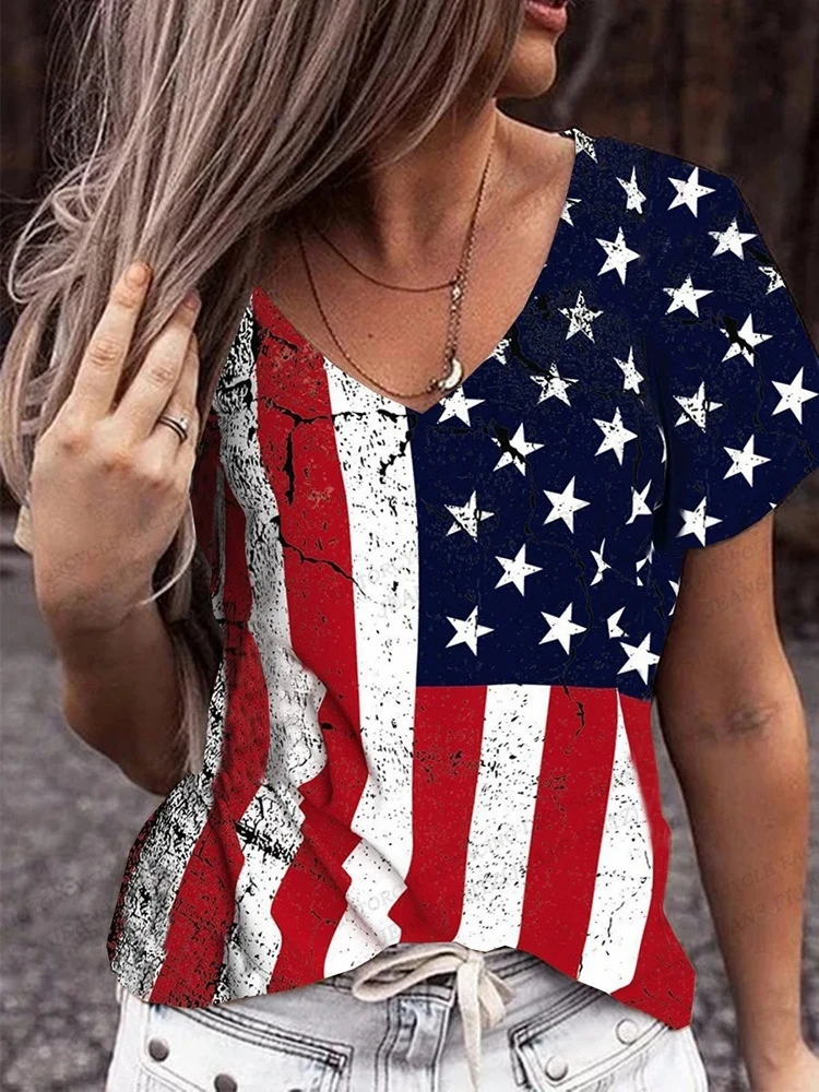 American Flag 3d Print T-shirt Women Fashion V-Neck T-shirts Short Sleeve Tops Tees Loose Casual Tees Vintage Camisetas USA Flag