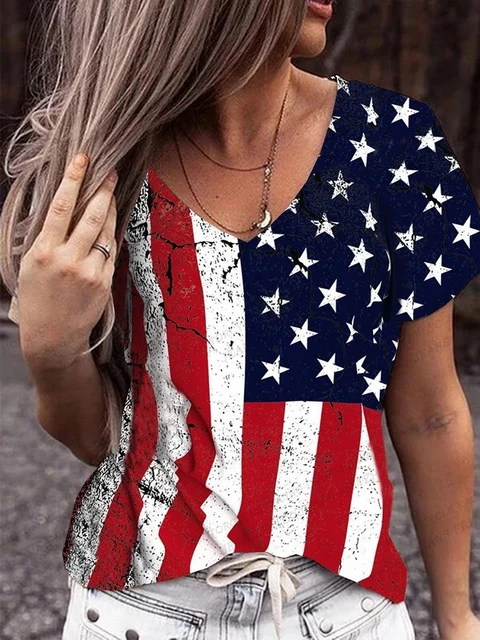 American Flag 3d Print T-shirt Women Fashion V-Neck T-shirts Short Sleeve  Tops Tees Loose Casual Tees Vintage Camisetas USA Flag - AliExpress