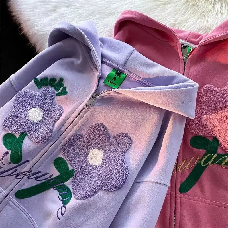 DAYIFUN-Flower Embroidery Hooded Jackets Couple Solid Hoodies Loose Coats American Style Zipper Cardigans Tops Autumn Fashion