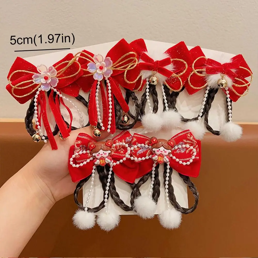 Ancient Style Children's New Year Hairpin Red Wig Braid New Year Bow Hairpins Ribbon Tassels Princess Girls Hanfu Headwear