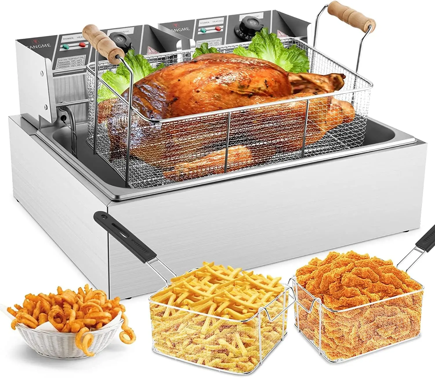 Commercial Deep Fryer 3400w Electric Turkey Fryer with 3 Baskets 22L/23.25Qt 1mm Thickened Stainless Steel Countertop