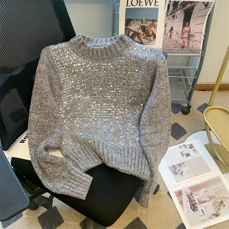 

French Autumn Winter Sequins Knitted Crop Sweater Women Round Collar Long Sleeve Thick Pullovers Chic Short Sweet Loose Jumpers