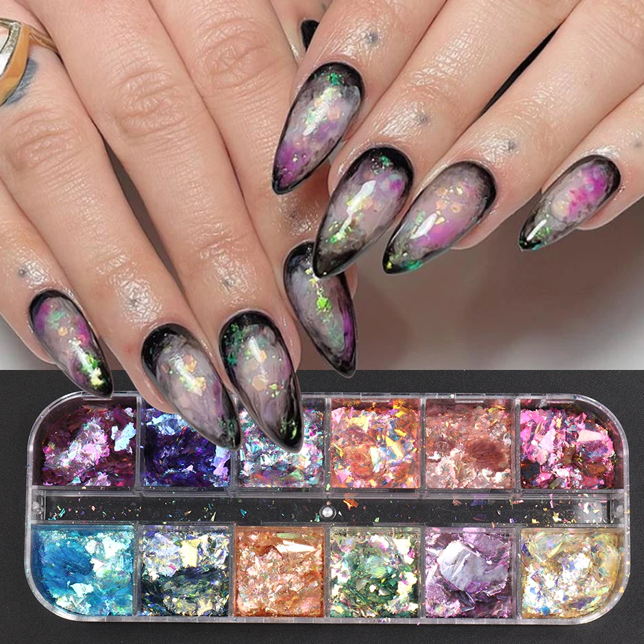  Iridescent Nail Glitter Set, 6Pcs Chrome Nail Powder Flakes,  Aurora Effect for Nails, Pink Blue Purple Crystal Fire Opal Flakes for Nail  Design, Opal Nail Powder, Fine Glitter, Nail Accessories 