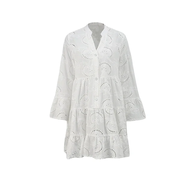 Beach Dress Women Embroidery Lace Eyelet Hollow Out 3/4 Sleeve Single Breasted Mini Dress y2k Vacation Dresses