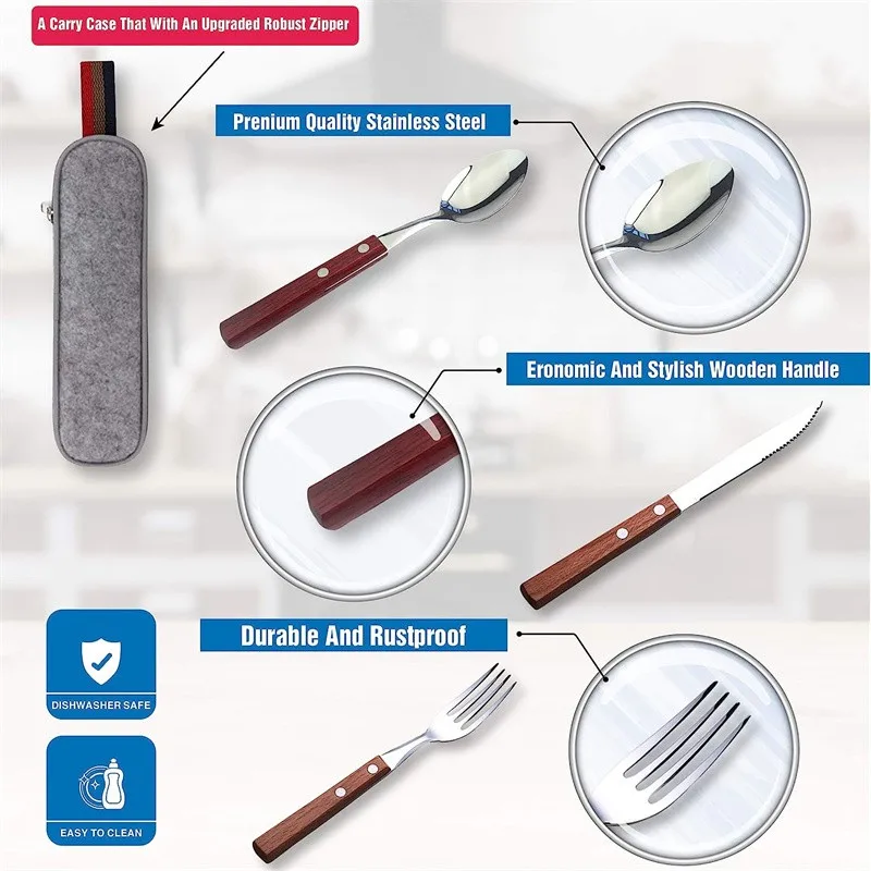Stainless Steel travel utensils With Case Healthy & Eco-Friendly Full Size Fork Spoon Portable Utensils Set With Storage Bag cutlery set western style cutlery set picnic cutlery set stainless steel cutlery set camping cutlery set