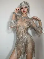 Women Sexy High Stretch Performance Dance Costume Nightclub Birthday Evening Party Wear Sparkly Rhinestone Bodysuit Stage Outfit
