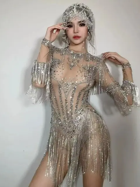 Women Sexy High Stretch Performance Dance Costume Nightclub Birthday Evening Party Wear Sparkly Rhinestone Bodysuit Stage Outfit