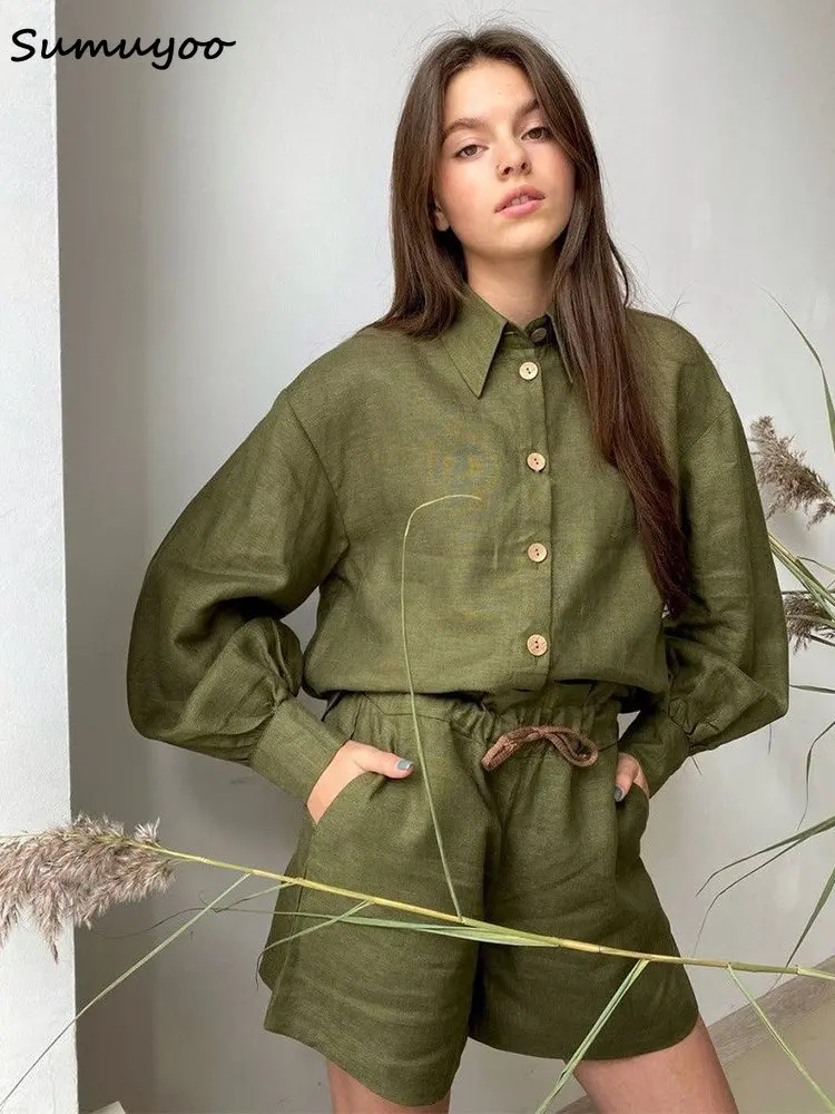 

Sumuyoo Summer Cotton Linen Vacation Outfits Woman Casual Lapel Shirt 2 Pieces Set High Wasit Shorts Loose Green Suits