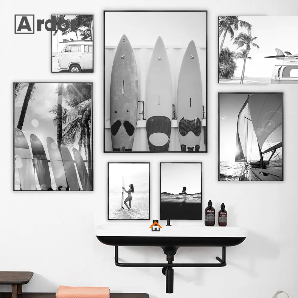 Sea Beach Surfing Bridge Poster Ocean Wave Girl Canvas Painting Black White Coconut Tree Print Wall Art Picture Livingroom Decor black white elegant ballet girl nordic poster wall art canvas painting wall decor for background livingroom bedroom unframed