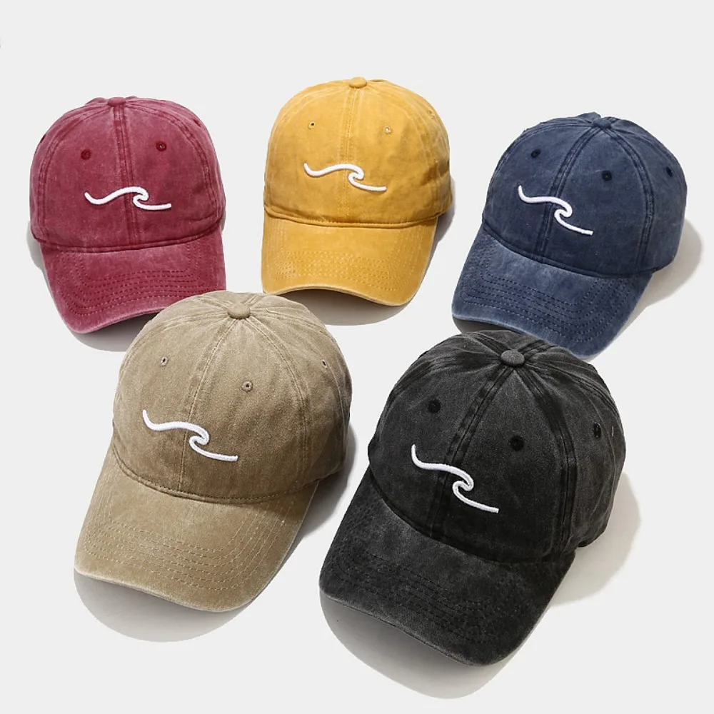 

Adjustable WASHED DENIM Men Women Sunscreen Hats Wave Embroidery Baseball Caps Baseball Hats Distressed Faded Cap