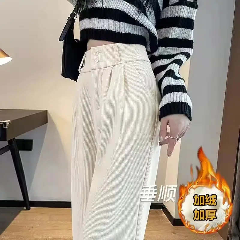 Fleece Wide Leg Pants Women Corduroy Straight Leg Pants Autumn Winter Trouser Streetwear High Waist Loose Korean Chic Clothes