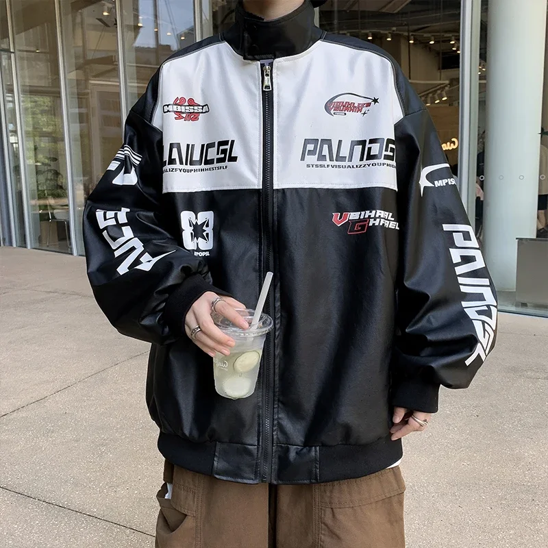 Oversized Embroidery Leather Jackets Men Women Racing