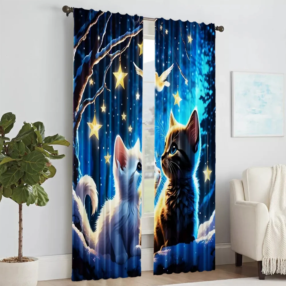 2Pcs Adorable Cat And Star Print Polyester Window Curtains Rod Pocket Design For Easy Hanging Home Decor Perfect For Bedroom 2
