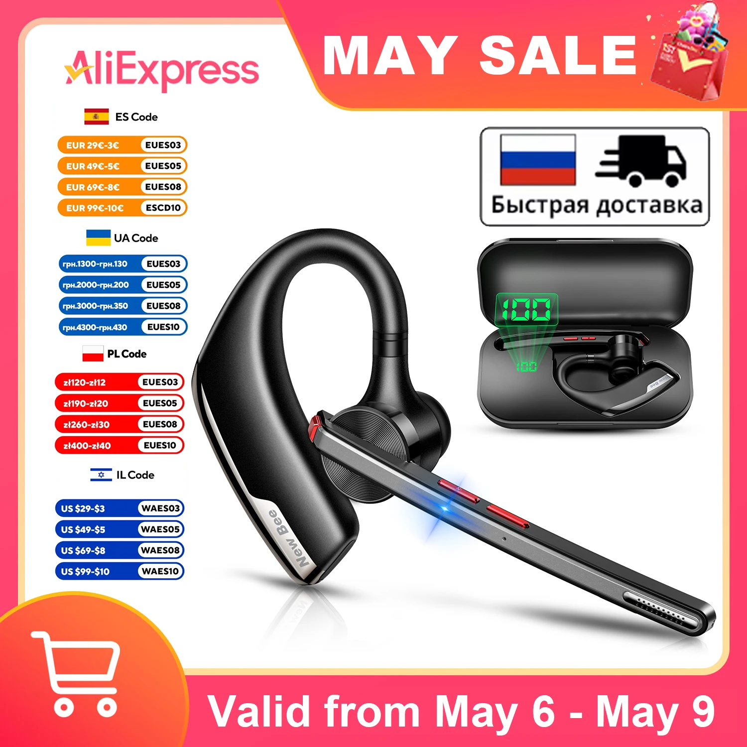 New Bee Wireless Bluetooth Headset with Dual-Mic Noise Cancelling Technology