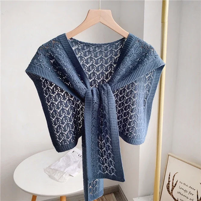 

Fashion Korean Knot Knitted Shawl Female Hollow Out Skirt Shirt Shawl Spring Autumn Shoulder Net Red Scarf Shawl Blue