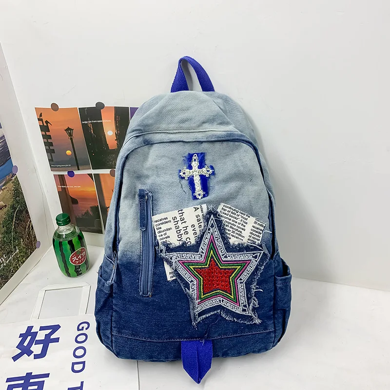 Casual Denim Women's Backpack Cartoon Sweet Student School Bag For Girls Fashion Small Ladies Travel Backpack
