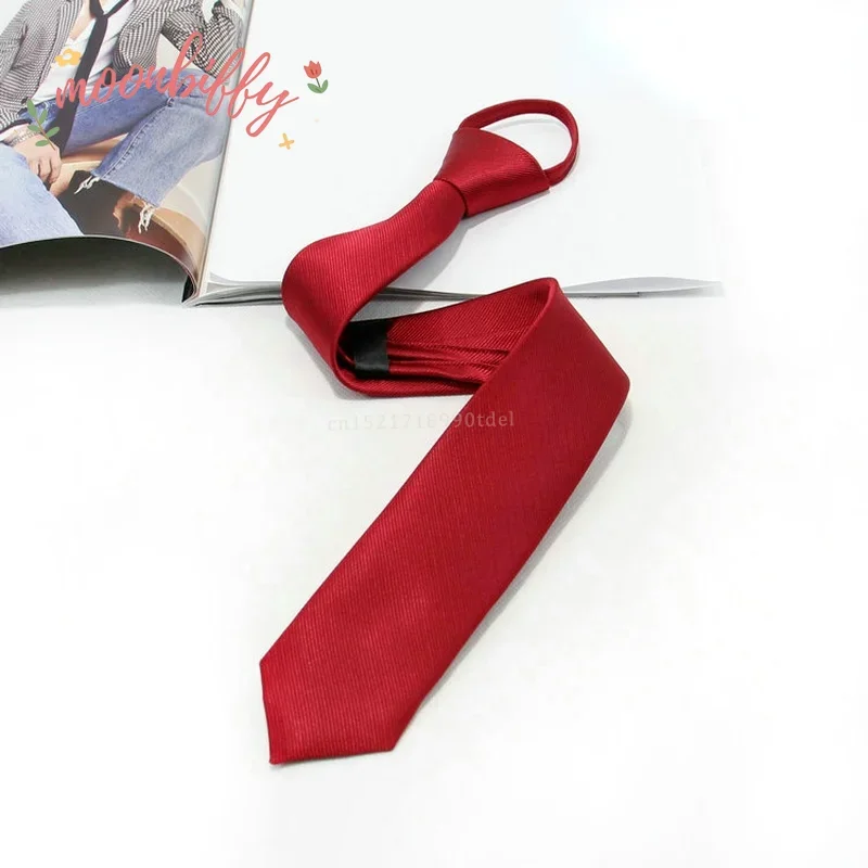 5cm Pre-tied Neck Tie Mens Skinny Zipper Ties Red Black Blue Solid Color Slim Narrow Bridegroom Party Dress Necktie Student Girl Neck Tie