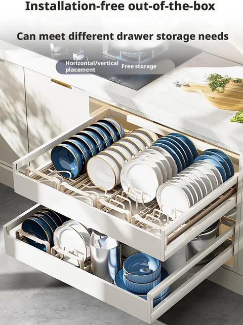 Armadietto estraibile Portaoggetti per piatti Piatto in acciaio inossidabile Supporto per supporto di scarico Cassetto da cucina Organizzatore per cestini per ciotole incorporato 6