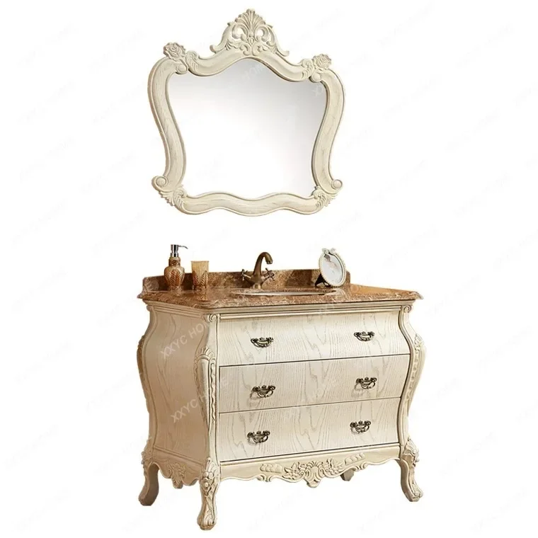 

European Bathroom Cabinet Red Oak Floor Basin Cabinet Combination Solid Wood Carved Curved Bathroom Cabinet home furniture