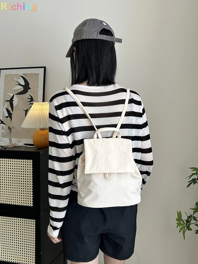 Waterproof Minimalist College Backpack Women Lightweight Travel Bag Drawstring Design Mom Purse Small Pure Color Rucksack