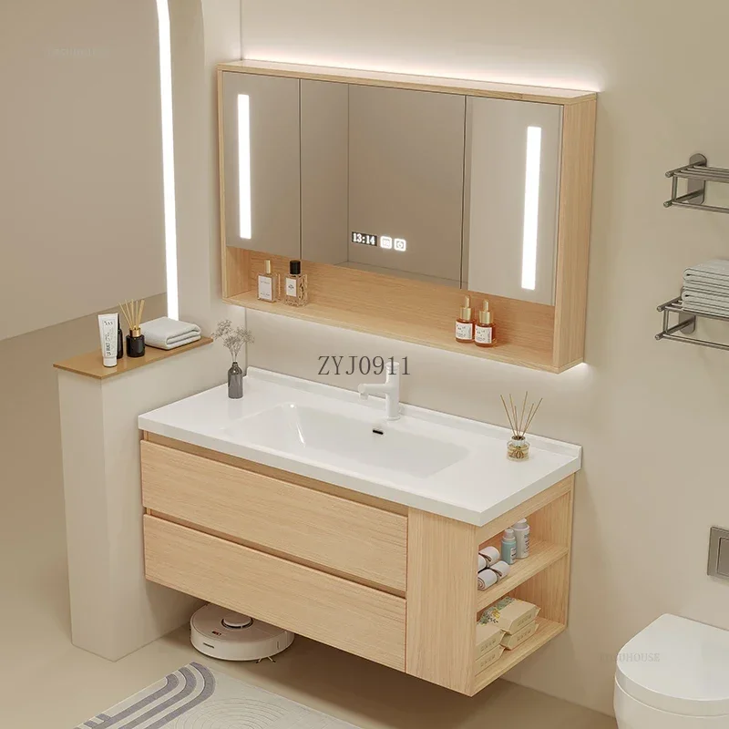 Nordic Bathroom Sink Cabinet Modern Home Furniture Smart Ceramic Integrated Washbasin Mirror Cabinets Combination b