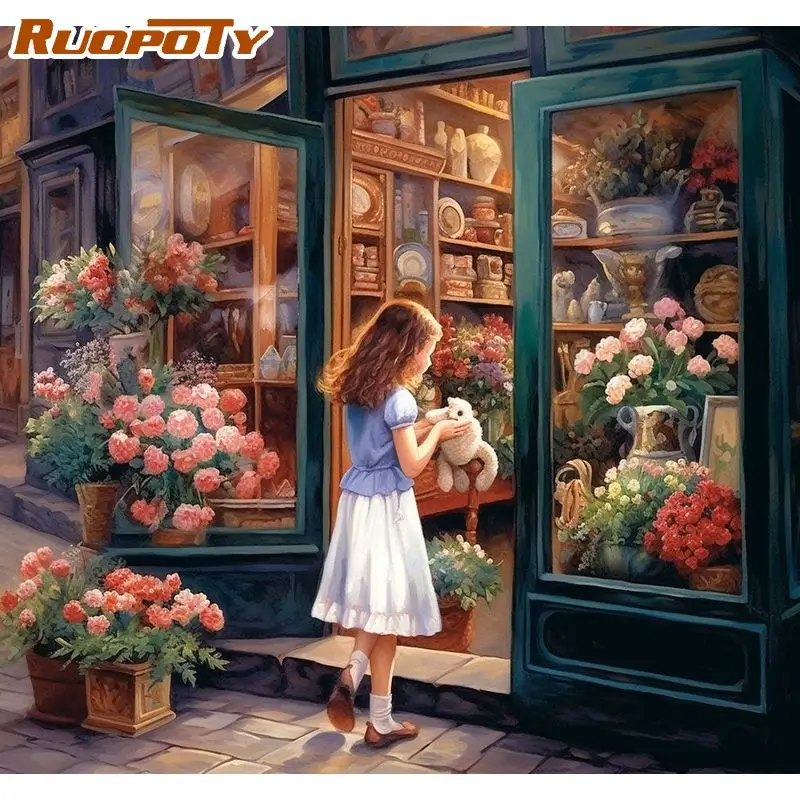 

RUOPOTY Modern Painting By Numbers For Handpainted Figure Flower Shop Coloring On Numbers Gift Paint Kit Picture Drawing Decors