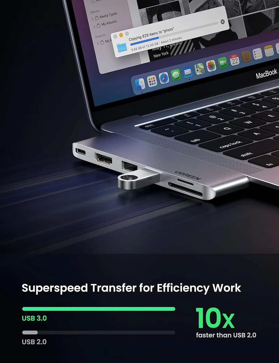 UGREEN 6 in 2 4K USB-C 허브 어댑터 (맥북 프로/M2/M1 2022/2016 USB 3.0 썬더볼트 3 100W PD SD/TF 카드 리더)