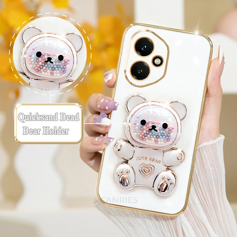 Cute Plating Quicksand Bear Holder Phone Case - Shockproof Silicone Stand Back Cover